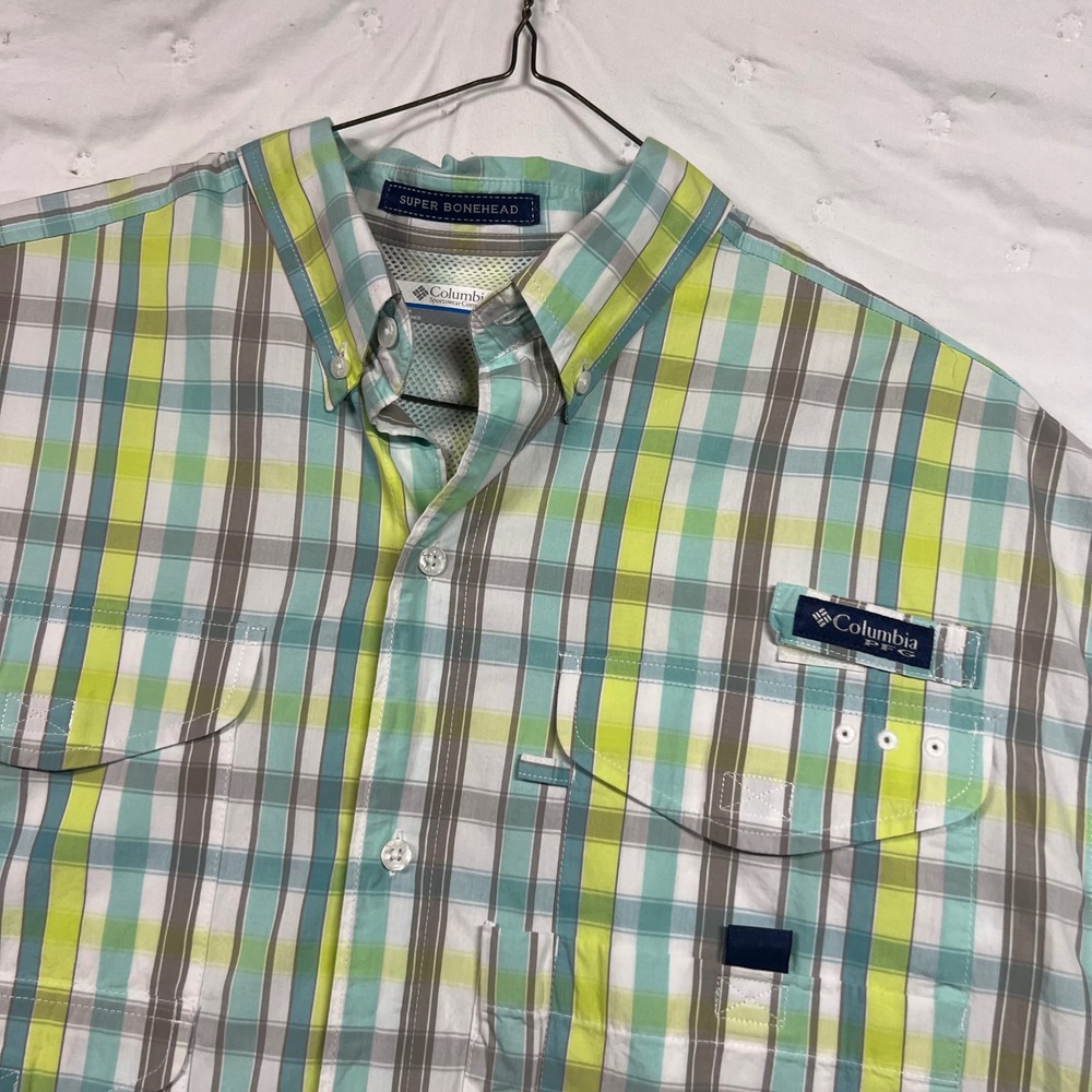 Columbia PFG Super Bonehead Fishing Shirt Mens Large Plaid Short Sleeve Green L